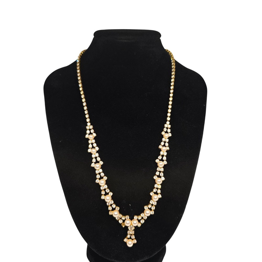 Vintage Gold Tone Rhinestone Faux Pearl Necklace Dangle Pendant Bridal Statement